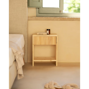 Pack de 2 mesitas de noche de madera maciza con un cajón en tono natural de varias medidas