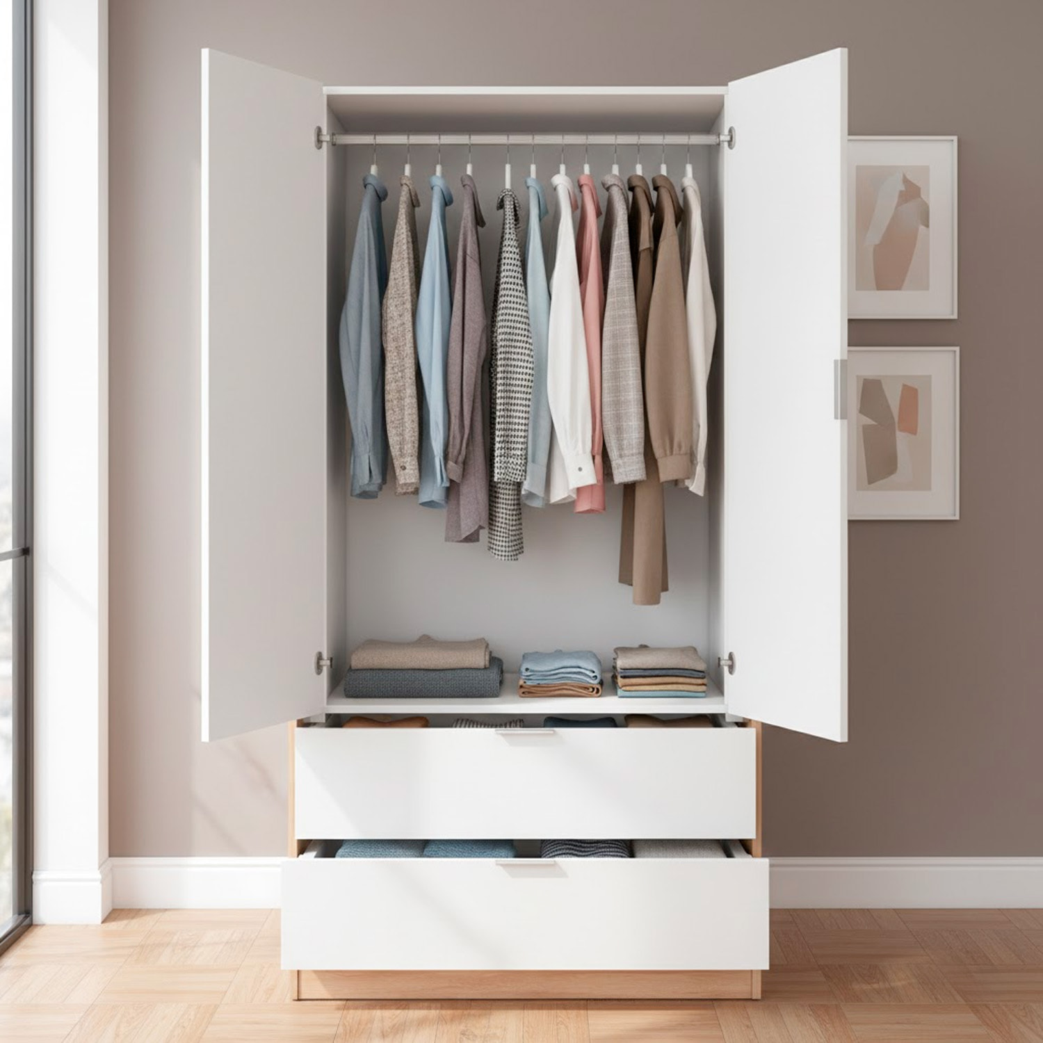 Armadio Guardaroba Con 2 Ante Battenti Asta Appendiabiti E 2 Cassetti Design Moderno Stile Nordico 80 x 52 x 180 Cm Bianco e Rovere