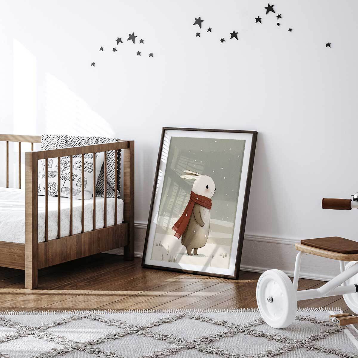 Affiche enfant lapin sous la neige  Affiche sous cadre noir