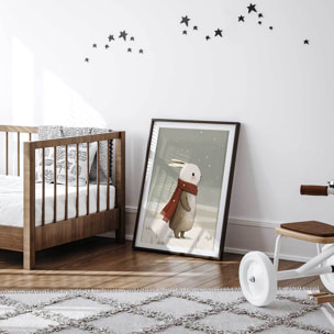 Affiche enfant lapin sous la neige  Affiche sous cadre noir