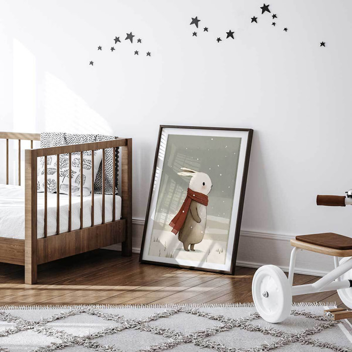 Affiche enfant lapin sous la neige  Affiche sous cadre noir