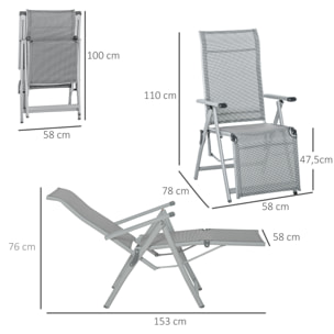 Tumbona Plegable de Jardín Sillón Ajustable en 10 Posiciones con Respaldo Alto y Reposapiés Transpirable Carga Máx. 120 kg 78x58x110 cm Gris