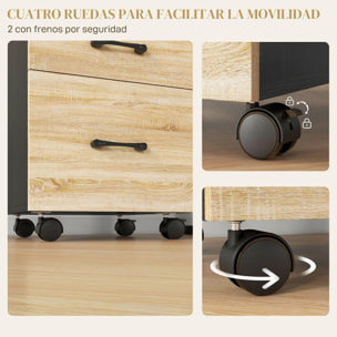 Cajonera de Oficina Mueble Archivador con 4 Ruedas 3 Cajones para Tamaño A4 Carta para Estudio Salón 40x42x65 cm Roble y Negro