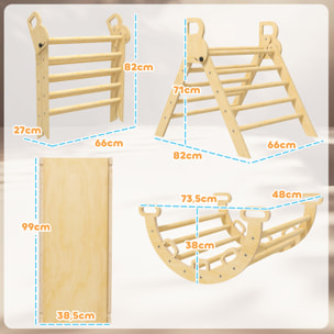 Ensemble d'escalade en bois 5 en 1 - triangle Pikler, arche, bascule, toboggan, rampe - panneaux bois pin