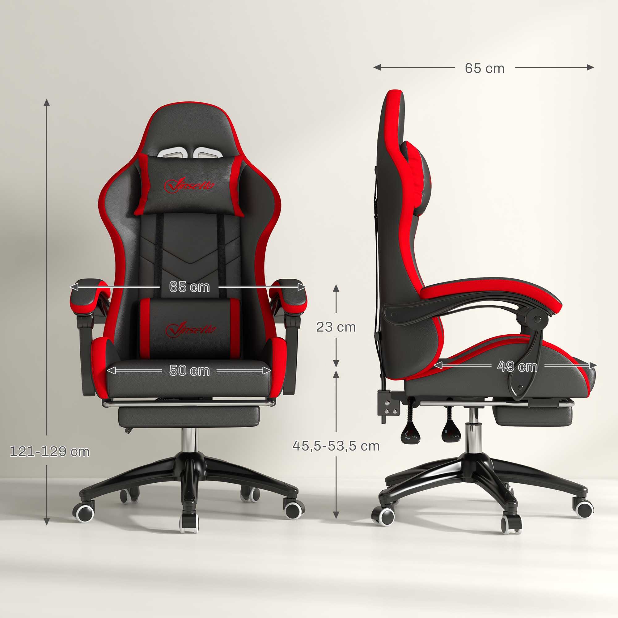 Silla Gaming Ergonómica Reclinable 135°, Silla Gamer Racing de Cuero PU con Soporte Lumbar, Altura Ajustable, Reposacabezas y Reposapiés Retráctil, para Oficina, Estudio, Negro y Rojo
