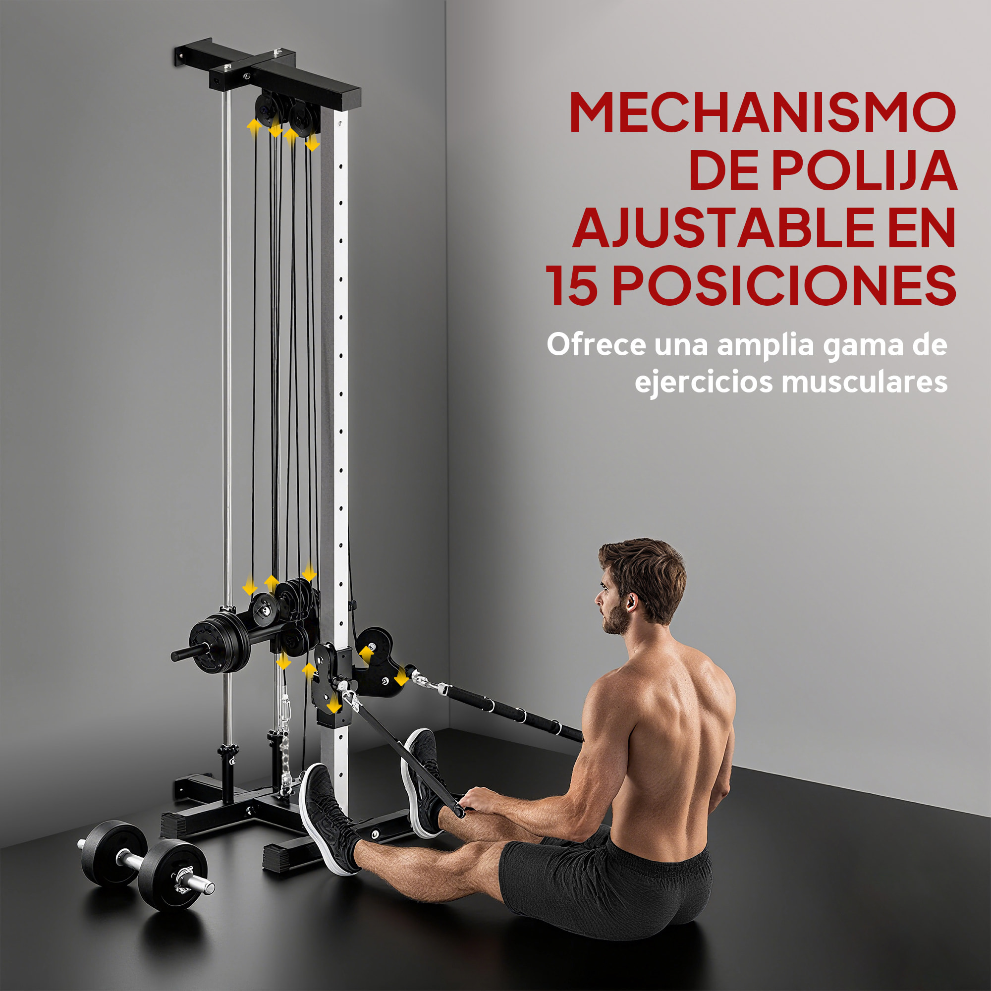 Máquina Polea Alta y Baja de Pared, de Doble Polea Ajustable en 15 Posiciones, Máquina de Musculación, Multifunción Lat Pulldown para Entrenamiento de Fitness en Gimnasio, Casa