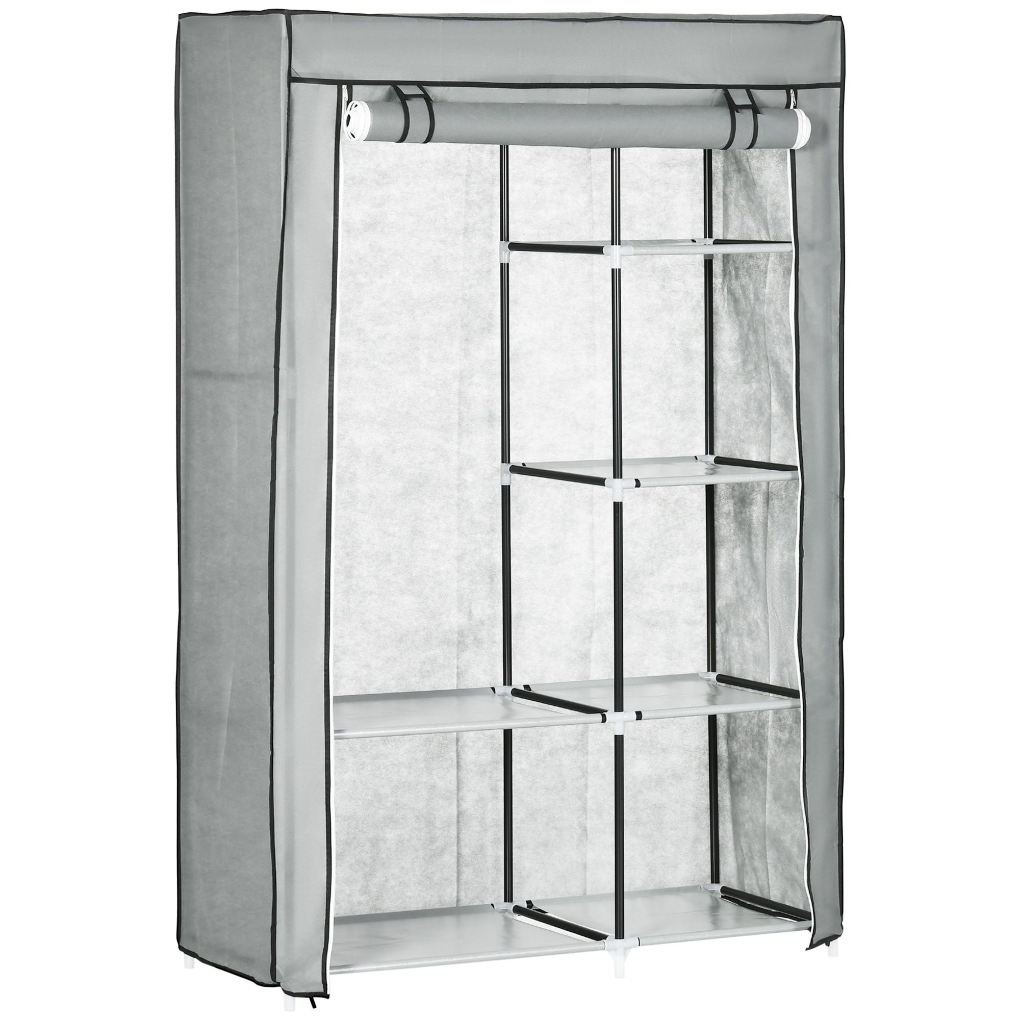 Armoire penderie multi-rangement - 6 étagères, 1 barre - dim. 103L x 43l x 162,5H cm - acier noir non tissé gris clair