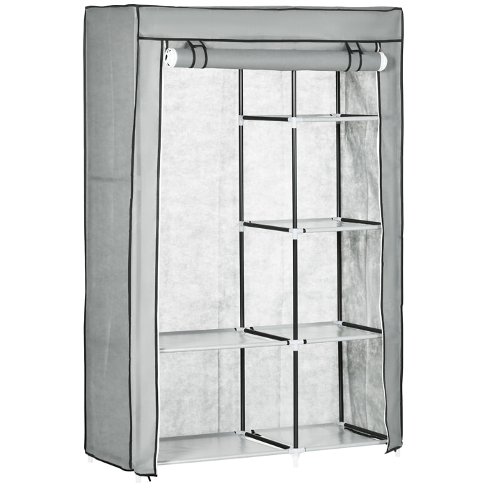 Armoire penderie multi-rangement - 6 étagères, 1 barre - dim. 103L x 43l x 162,5H cm - acier noir non tissé gris clair