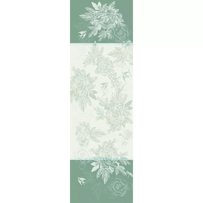 Chemin de table pur coton anti tache motif jacquard Jardin de pivoines vert