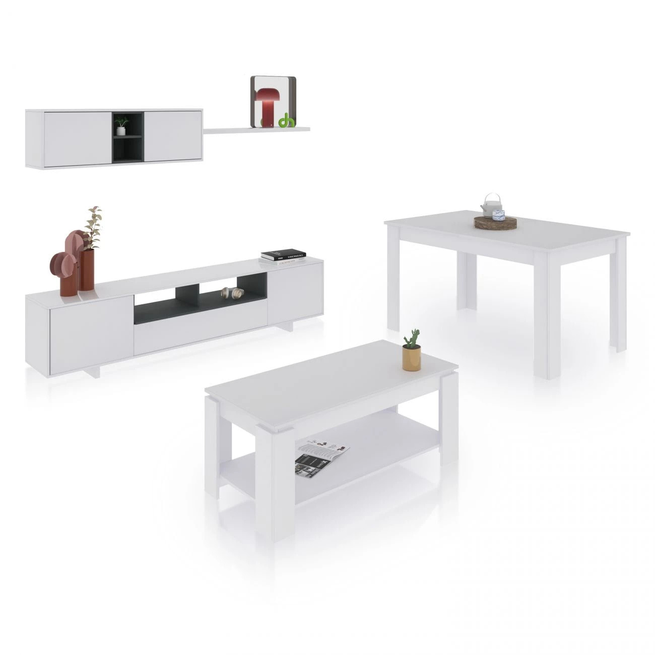 Pack salón con mesa de centro y mesa de comedor Kenzo Max V1A Blanco Brillo - Gris Antracita