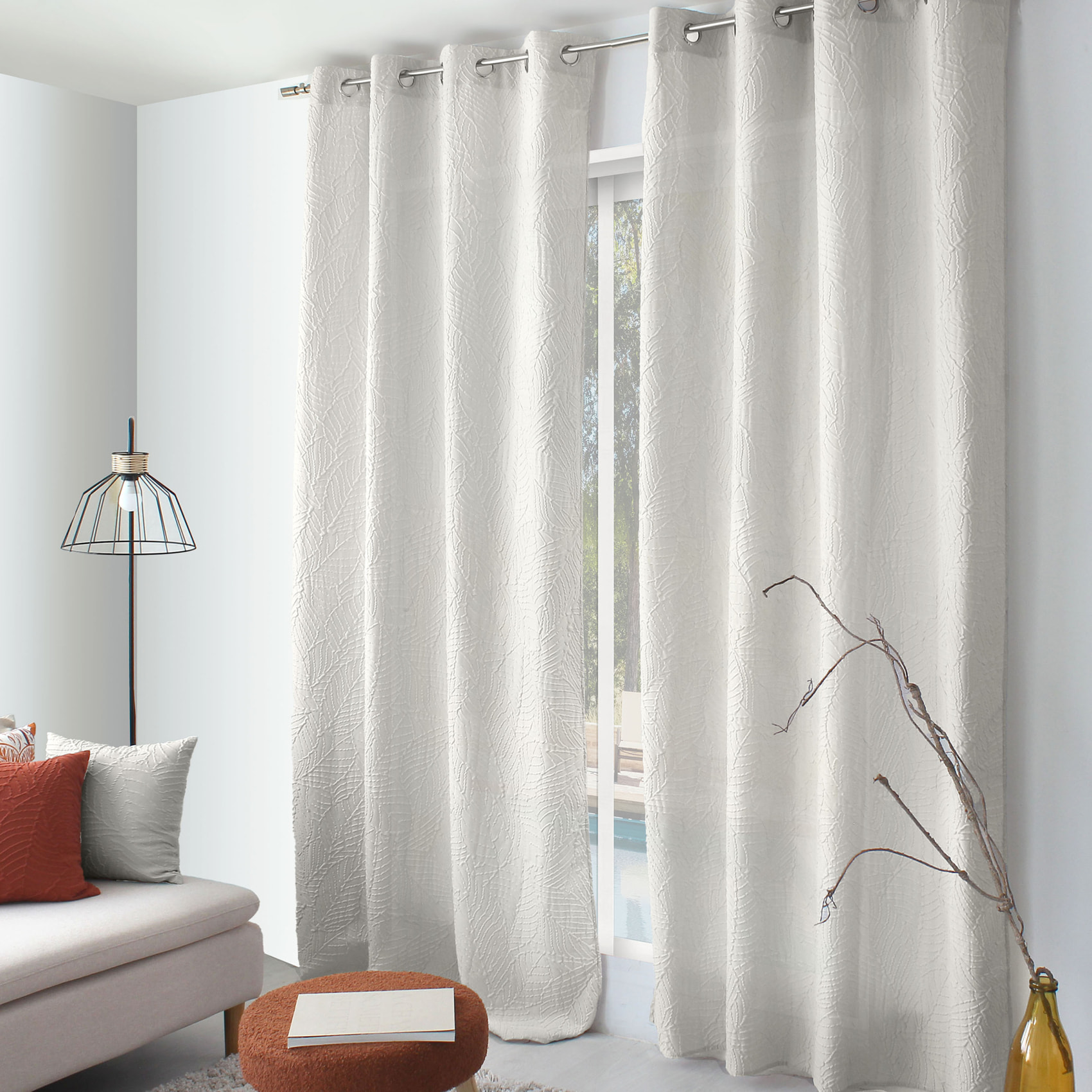 Rideau à oeillets feuillage aspect gaufré - Ecru