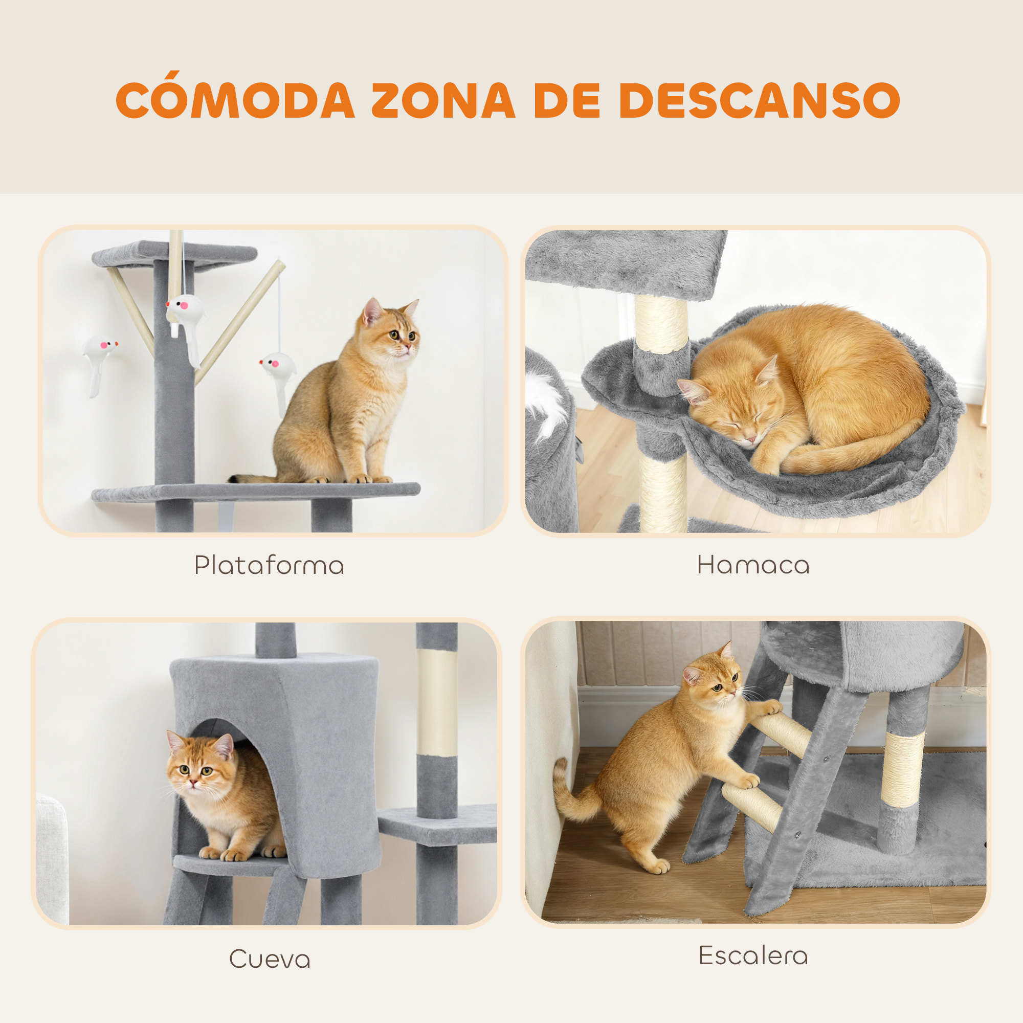 Árbol Rascador para Gatos Grande, Árbol para Gatos, Altura 134 cm, Torre de Escalada con 6 Postes de Sisal, 3 Plataformas, 1 Cueva, 1 Hamaca, 1 Escalera, 4 Juguetes Colgantes, Gris