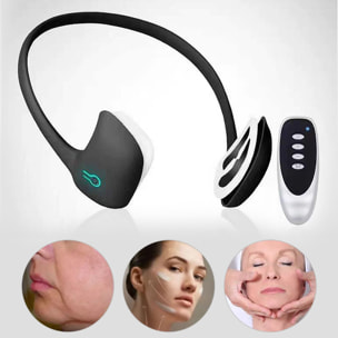 Dispositivo EMS de electroestimulación facial. Efecto reafirmante, remodelador, suavizar signos edad. Mando a distancia, batería recargable.