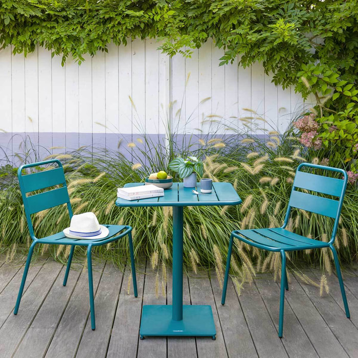 Table de jardin carrée "Phuket" bleu canard 2 places en acier traité époxy