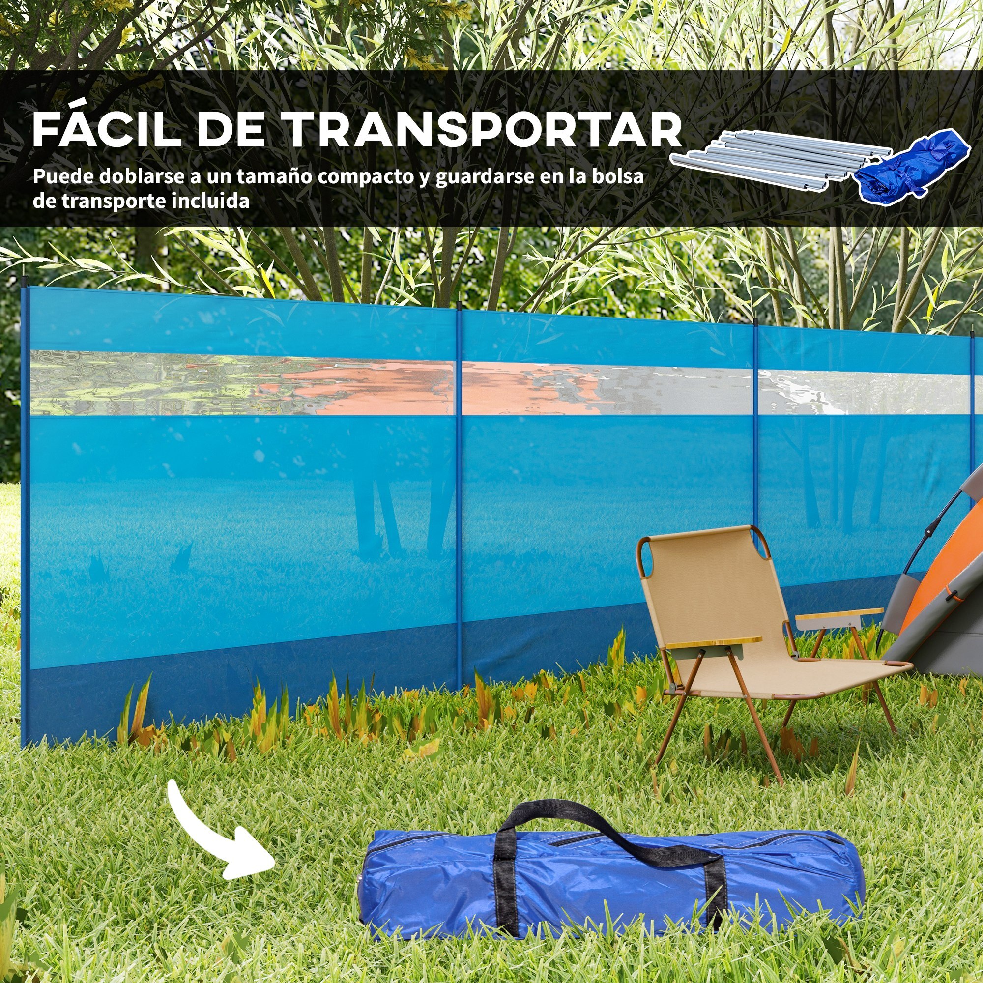 Cortavientos para Camping de 4 Paneles 725x140 cm Paravientos Playa con Panel Superior Transparente Postes de Acero Estacas y Bolsa de Transporte Impermeable para Jardín Playa Azul