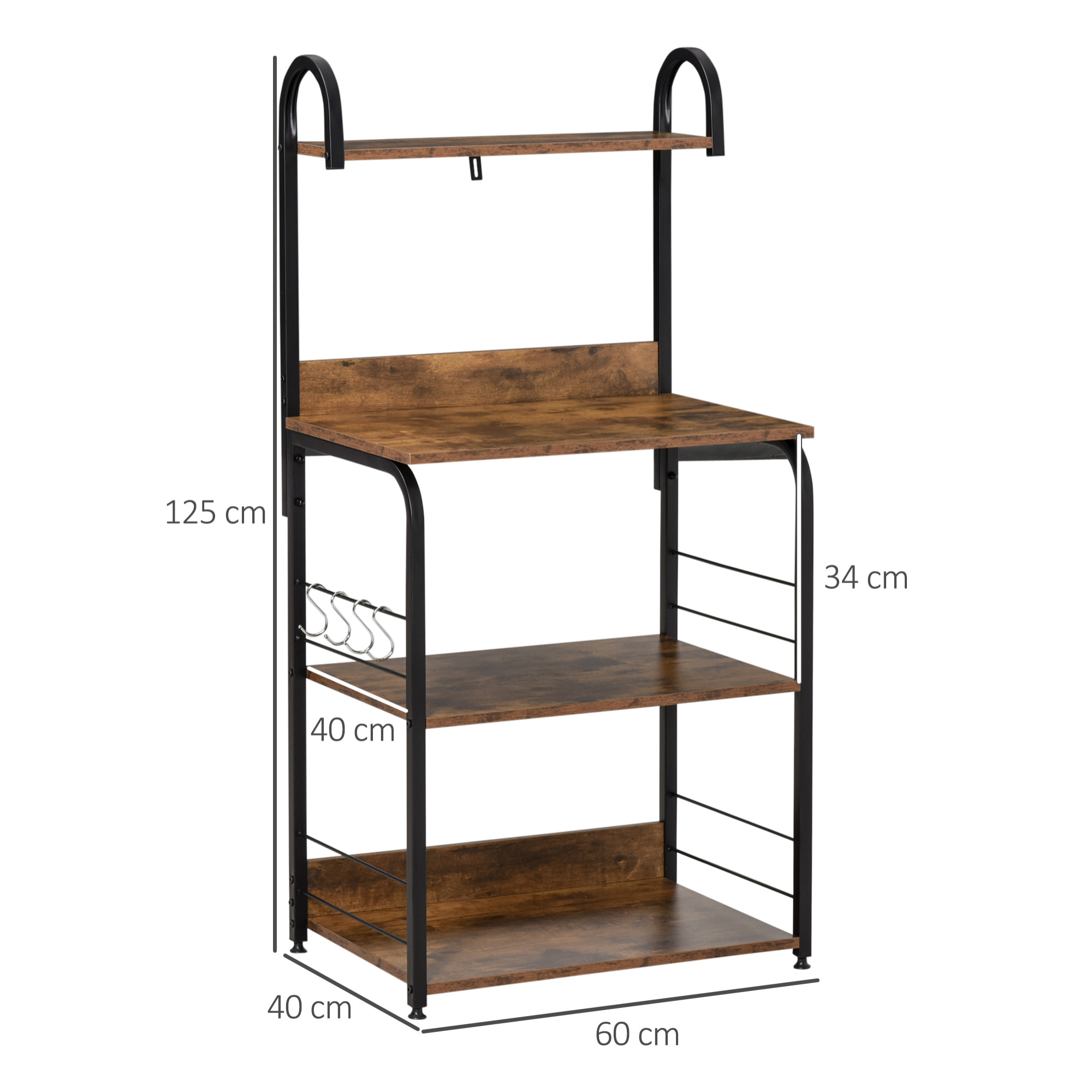 Estantería de Cocina de 4 Niveles Estante de Cocina con Ganchos Estantería para Microondas 60x40x125 cm Marrón Rústico y Negro