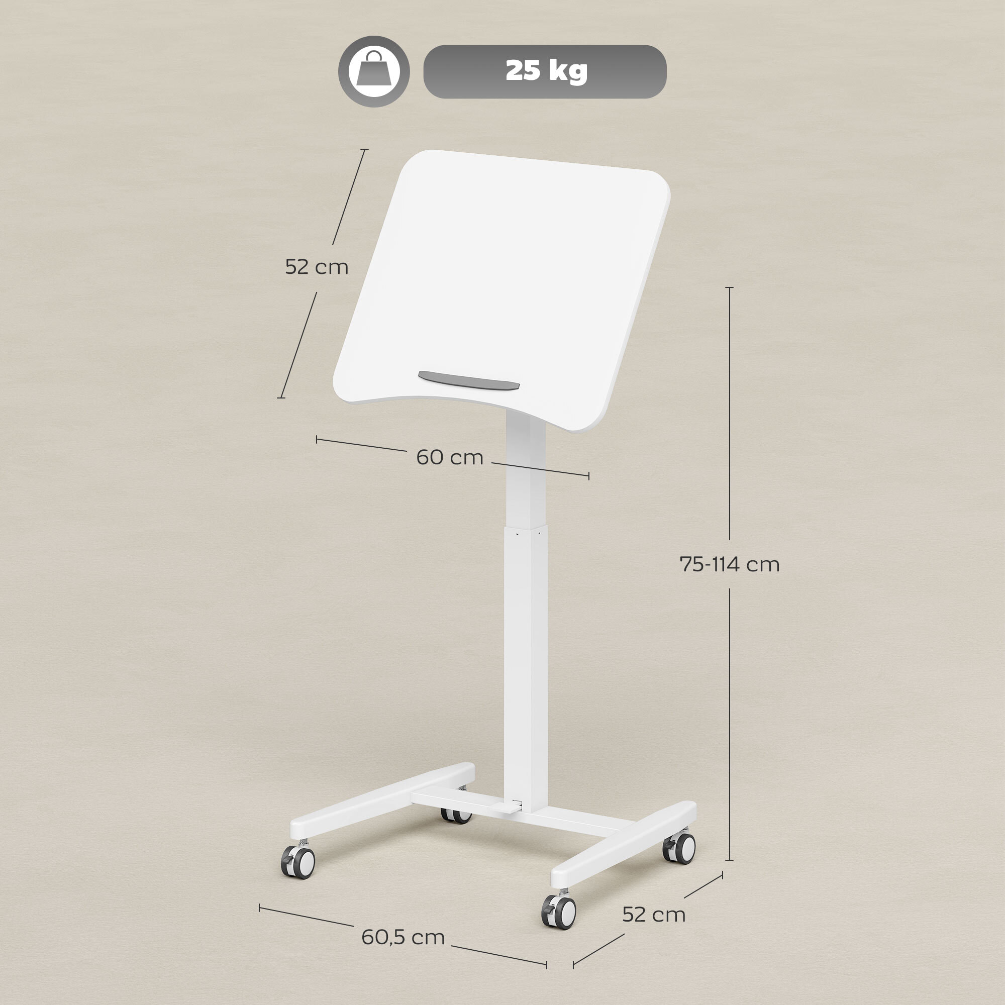 Bureau assis-debout mobile réglable table de lit 2 en 1 plateau inclinable blanc