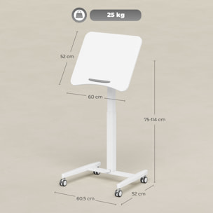Bureau assis-debout mobile réglable table de lit 2 en 1 plateau inclinable blanc