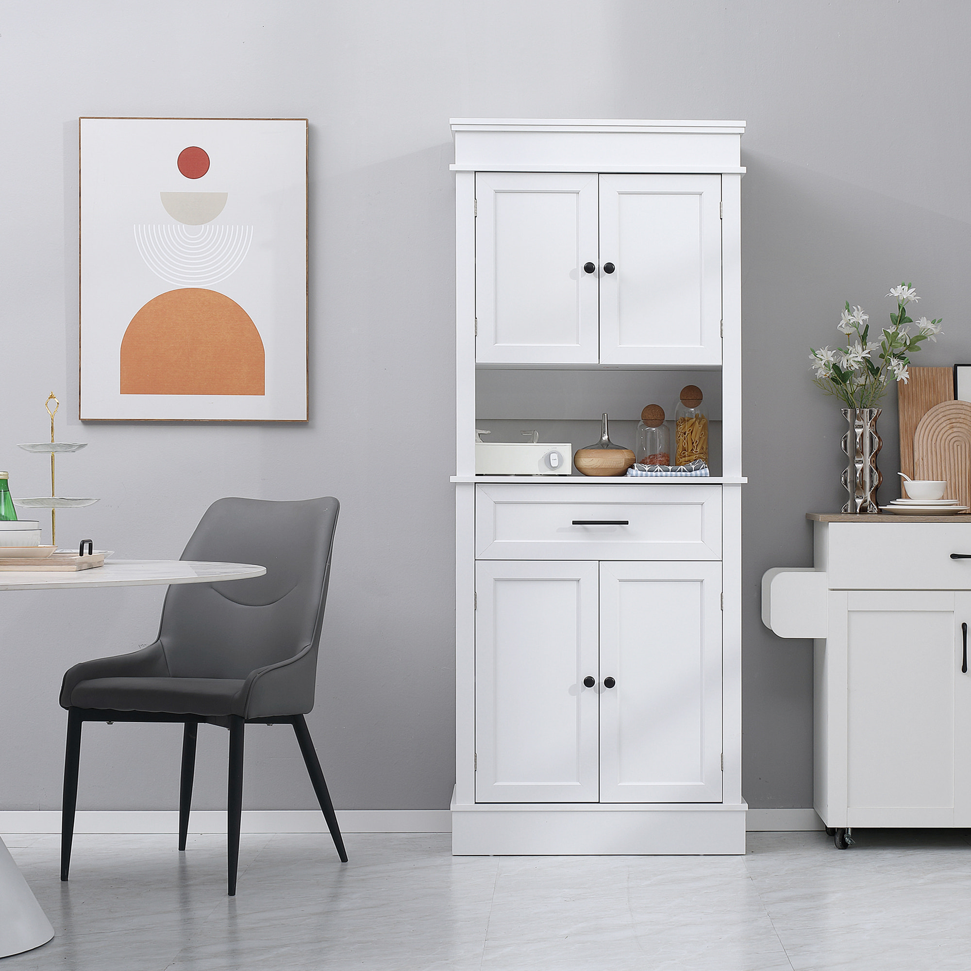 Alacena de Cocina Aparador de Comedor Mueble Auxiliar para Microondas con 4 Puertas 1 Cajón y Estante Abierto para Salón 74x39,5x183 cm Blanco