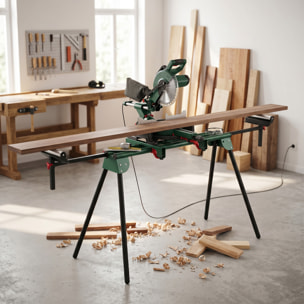 Soporte de Sierra Ingletadora, Universal con Rodillos Extensibles 94-195 cm, Banco de Trabajo Plegable con Altura y Ancho Ajustable, Estructura Metálica Reforzada, Sistema Fijación Carga 150 kg