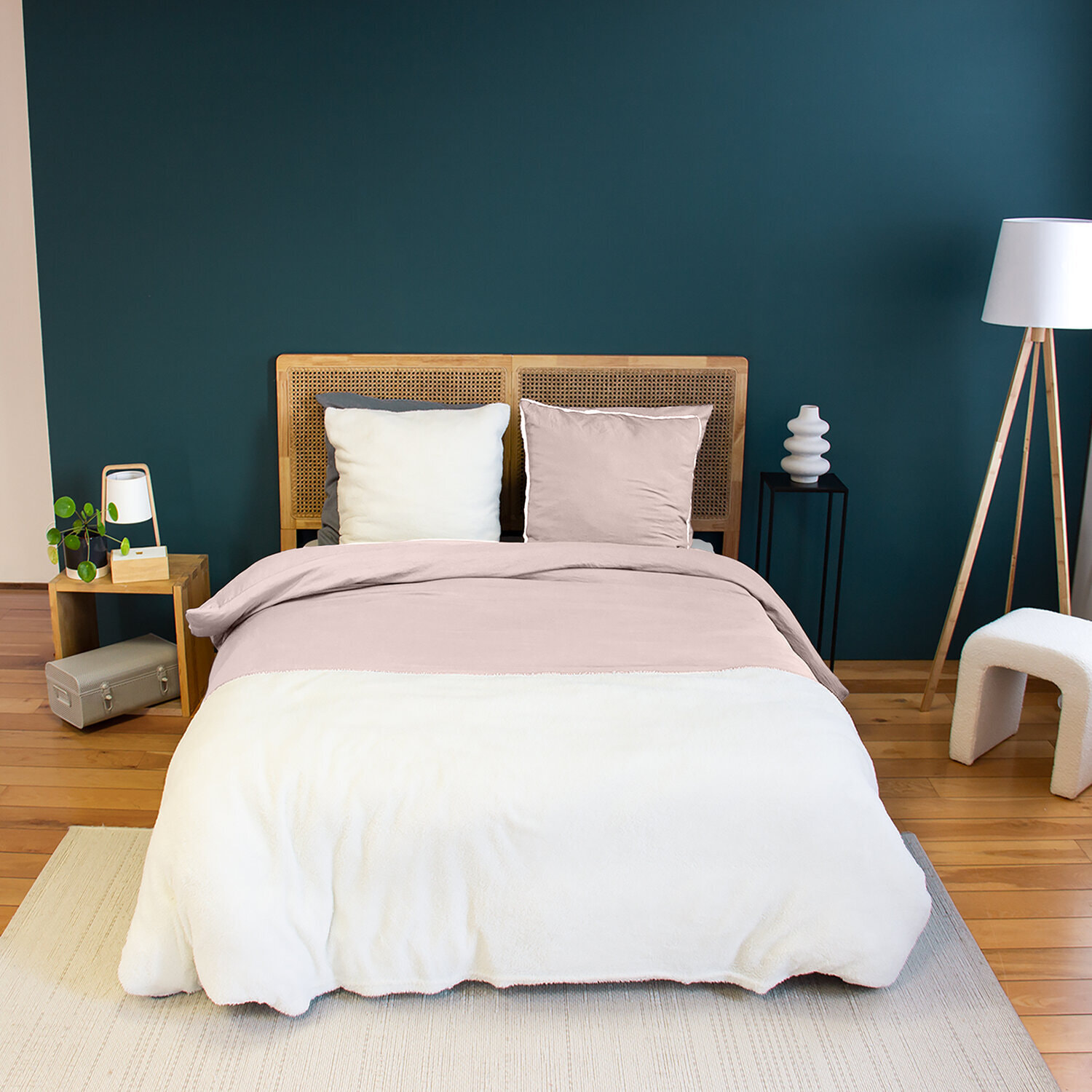 Parure housse de couette 3PCS en MICROFIBRE LAVEE, SHERPA - ROSE