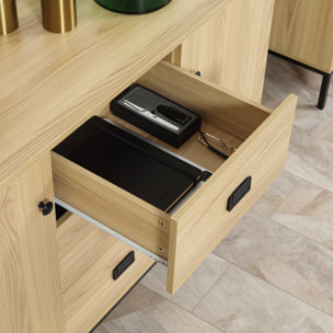 Buffet design industriel - 2 portes avec étagère, 3 tiroirs - piètement métal noir panneaux aspect bois clair