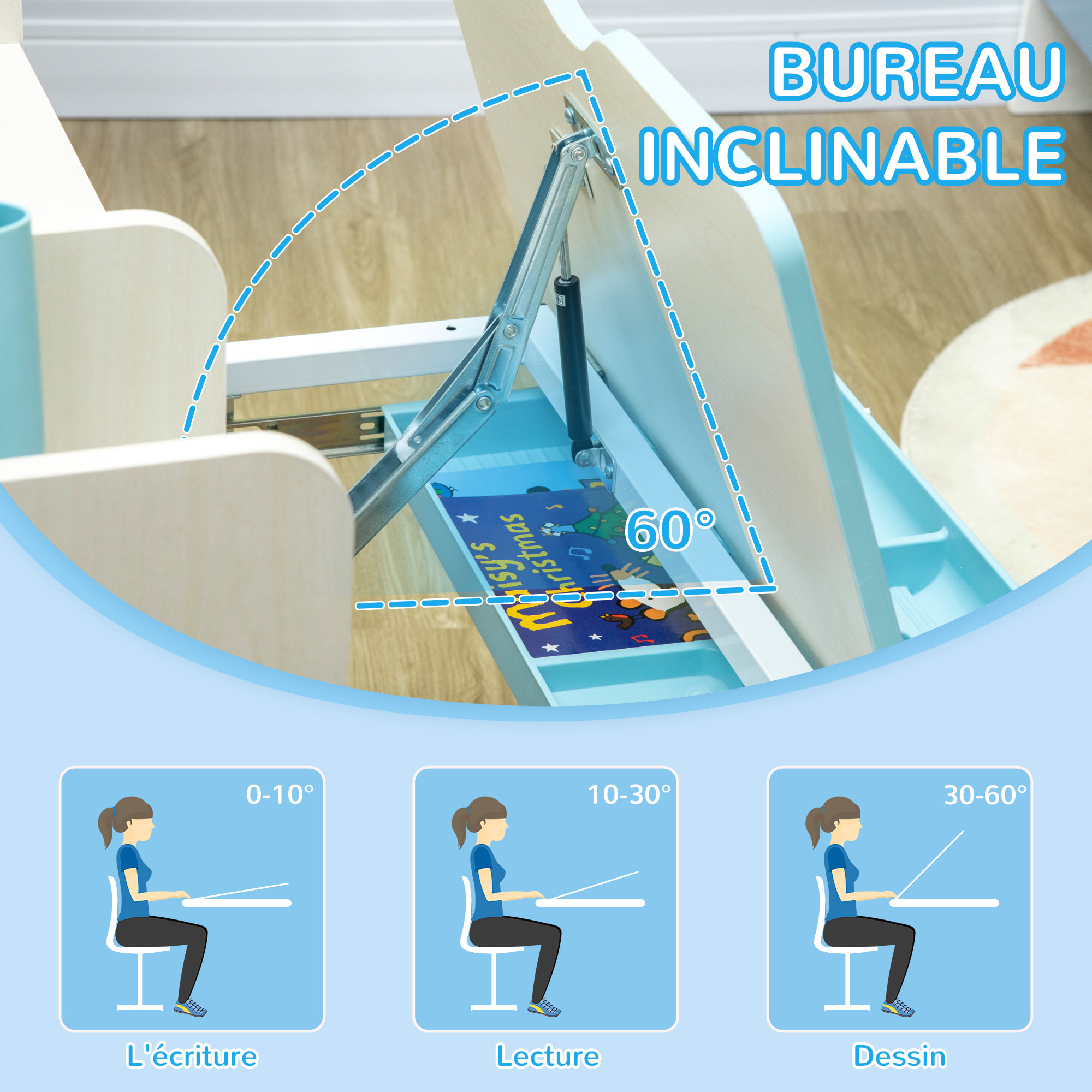 Ensemble bureau chaise enfant hauteur réglable plateau inclinable nombreux rangements blanc bleu effet bois clair