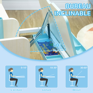 Ensemble bureau chaise enfant hauteur réglable plateau inclinable nombreux rangements blanc bleu effet bois clair