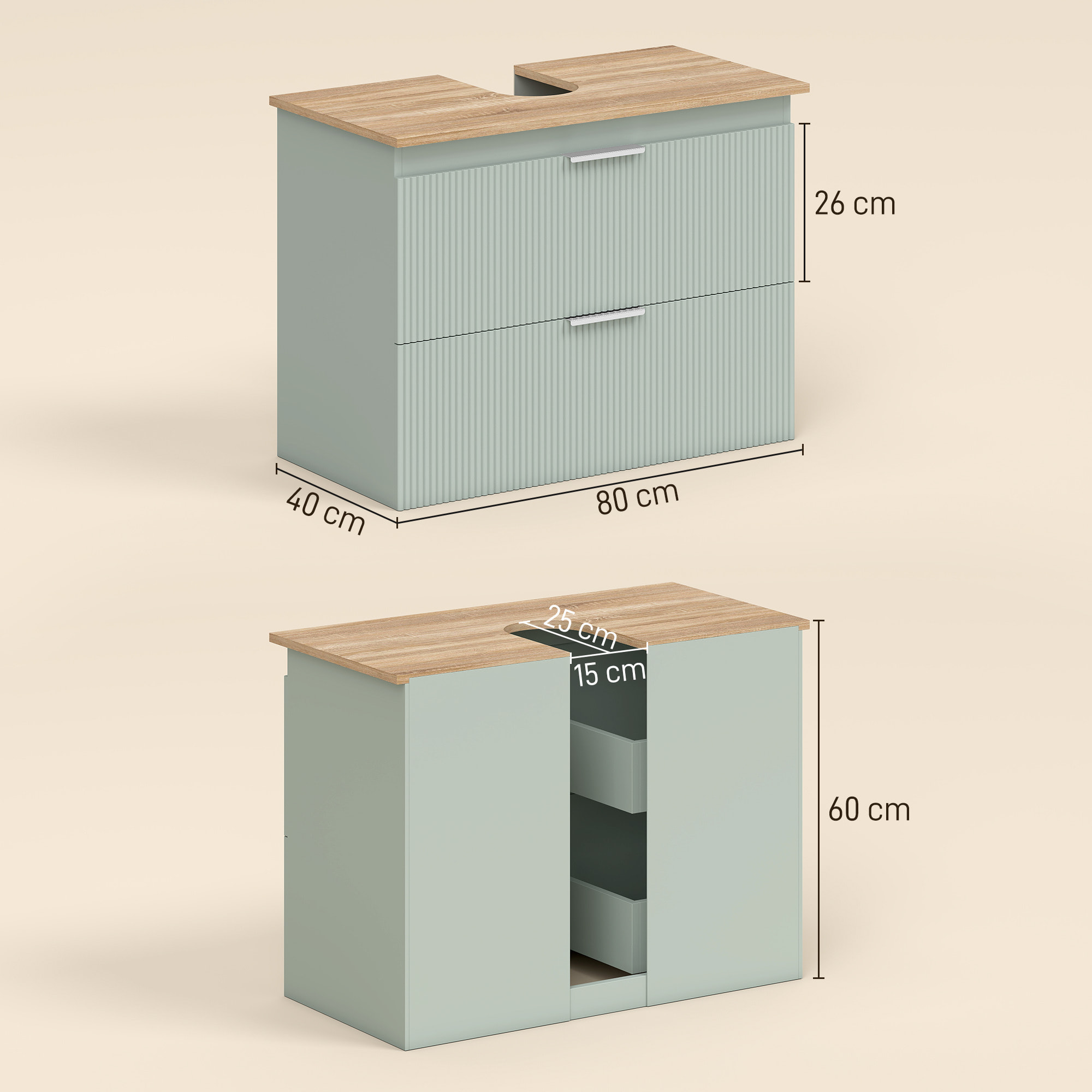 Meuble sous vasque design 2 tiroirs vert de gris effet bois naturel