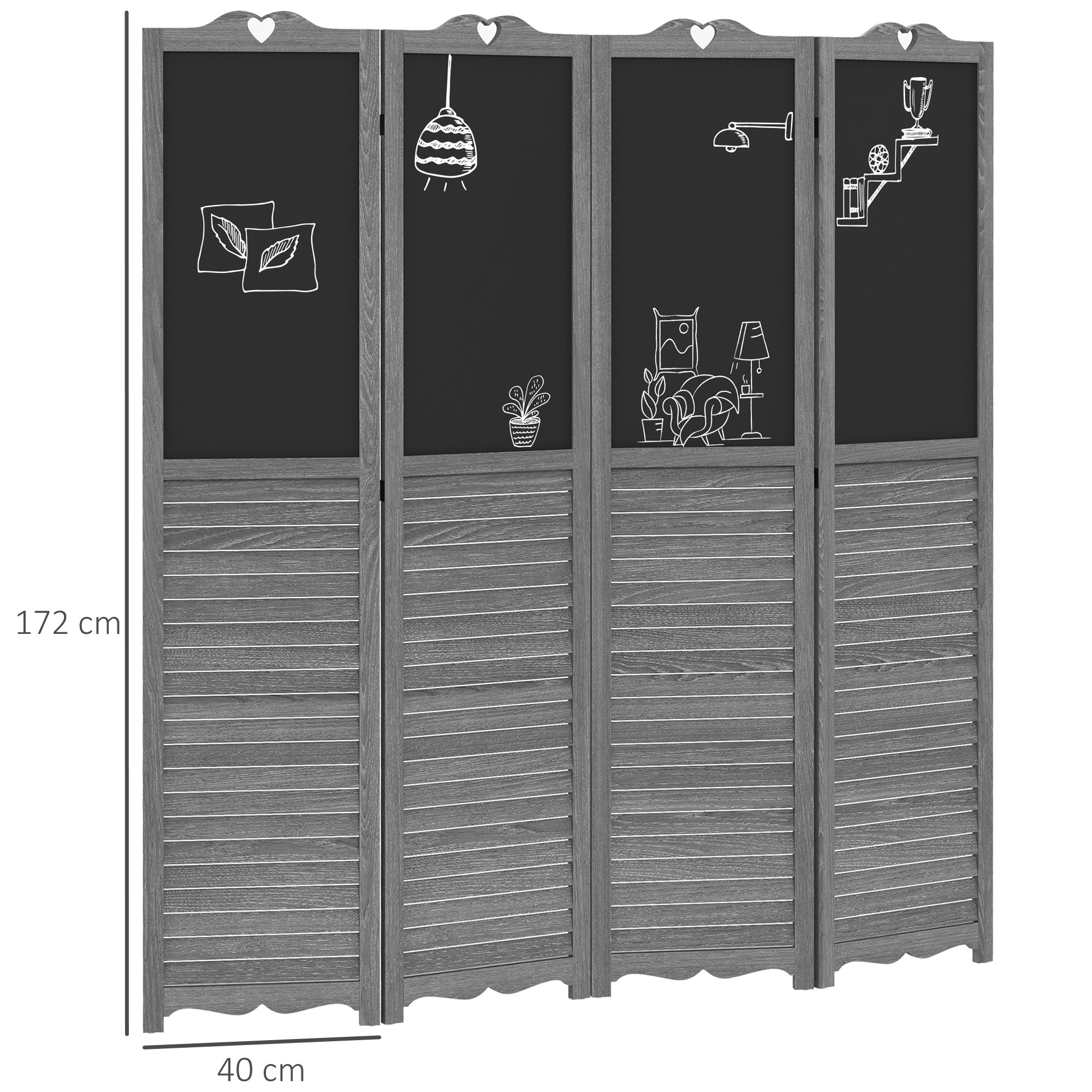 Biombo de 4 Piezas de Madera, Biombo Separador de Ambientes Plegable con Pizarras, Divisor de Habitaciones, Dormitorio, 162x172 cm, Gris y Negro
