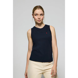 Maglietta basic blu marino smanicata a girocollo con logo Rigby Go ricamato