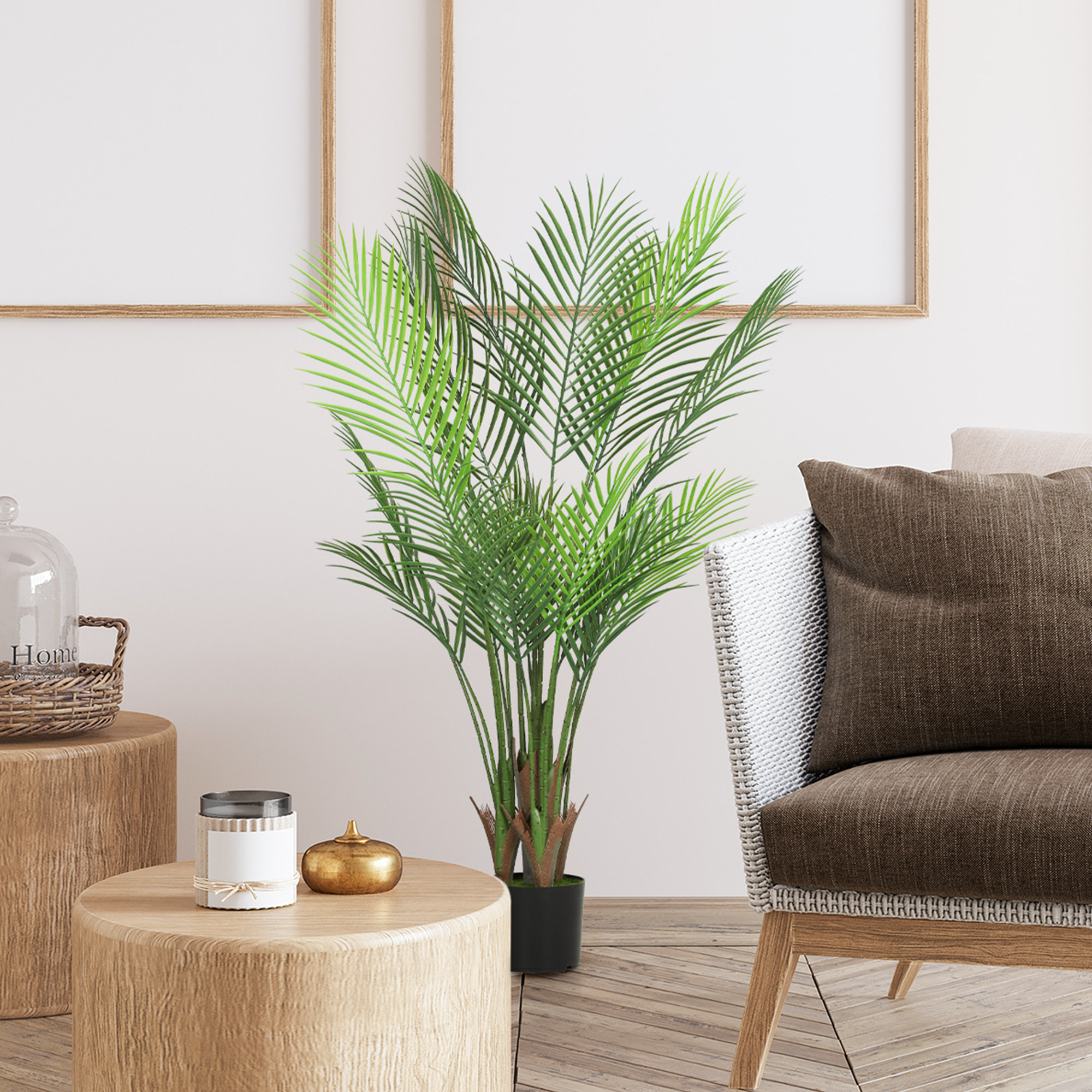 Plante artificielle intérieure palmier H.120cm 4 pieds 20 feuilles grand réalisme PE vert
