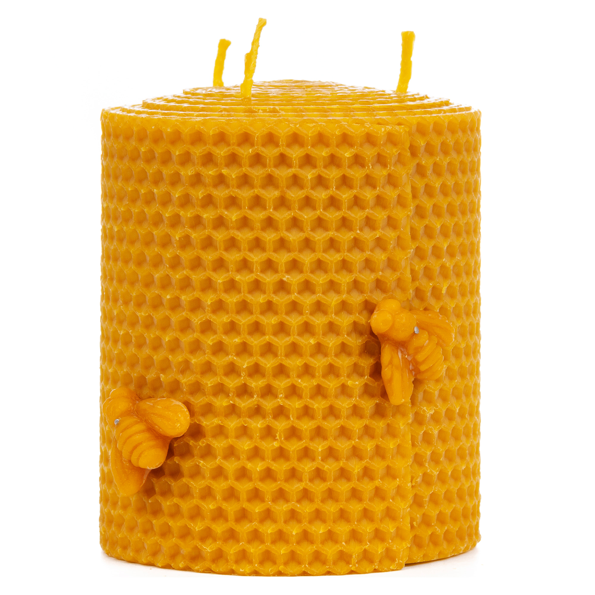 Velón de miel, de cera de abeja natural, con 3 mechas, decorado con abejas.