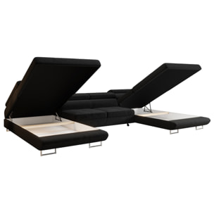 Ayden - Canapé panoramique en U 7 places convertible avec coffre et têtières réglables en tissu - Noir