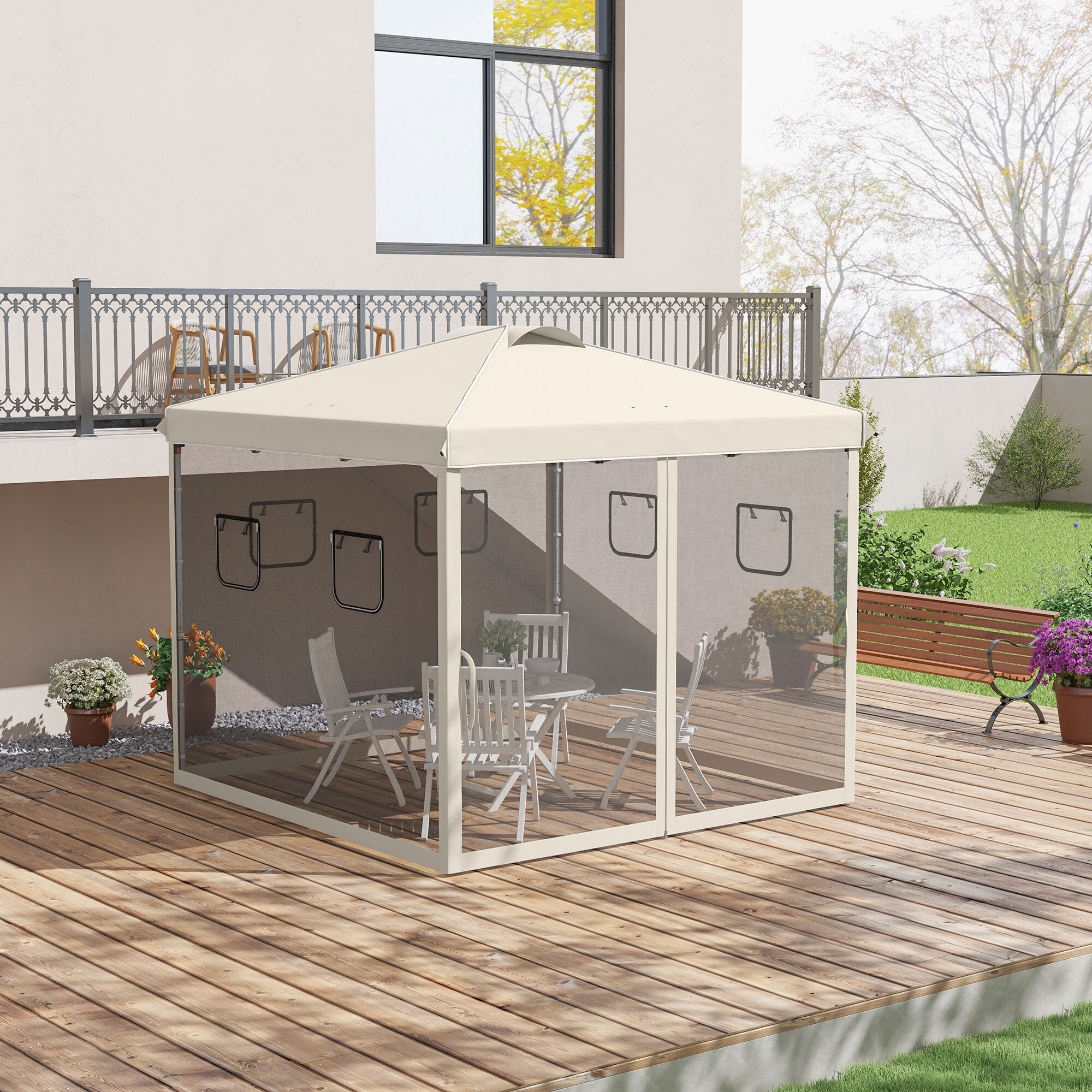 Carpa Plegable 3x3 m Cenador de Jardín con Pared Lateral de Malla 6 Ventanas Altura Ajustable en 3 Niveles Protección Rayos UV30+ e Impermeable para Camping Fiestas Beige
