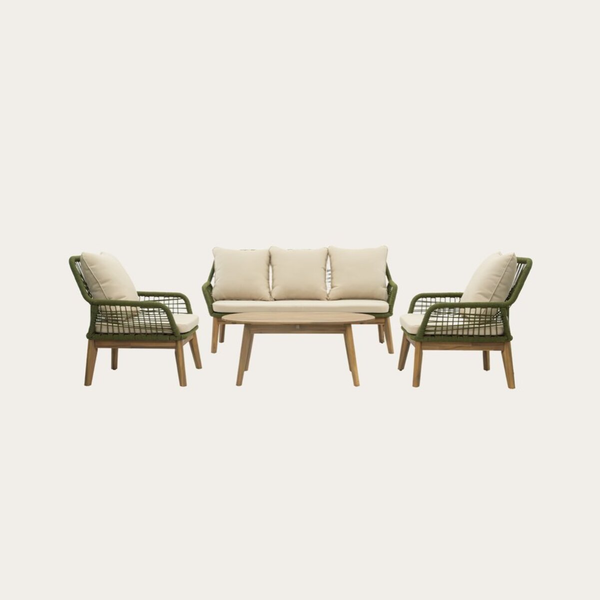 Ensemble de canapé, fauteuil et chaise de jardin Kairo -bois massif dacacia, corde et revêtement-couleur naturel 0 x 0 x 0 cm