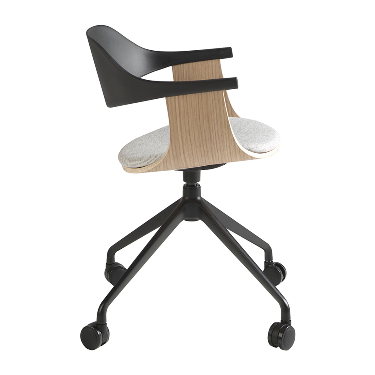 Silla oficina giratoria con asiento tapizado en tela gris claro y respaldo de pvc negro 59x50x76cm
