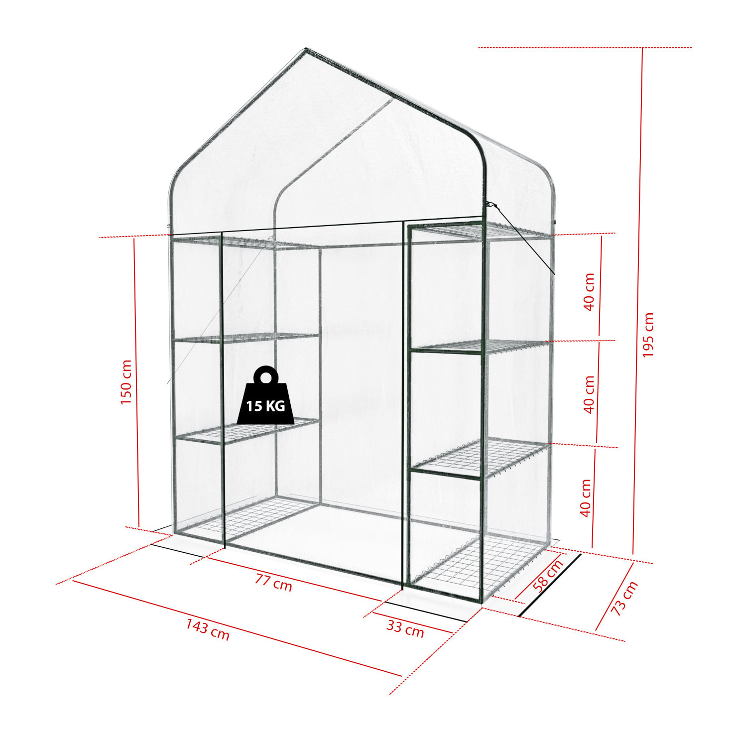Serra Da Giardino Per Orto Con 8 Ripiani In Metallo Telaio A Casetta Acciaio Telo Trasparente PVC Porta Avvolgibile Apertura Cerniera 143x74x195 Cm