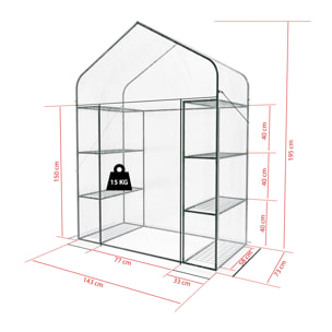 Serra Da Giardino Per Orto Con 8 Ripiani In Metallo Telaio A Casetta Acciaio Telo Trasparente PVC Porta Avvolgibile Apertura Cerniera 143x74x195 Cm