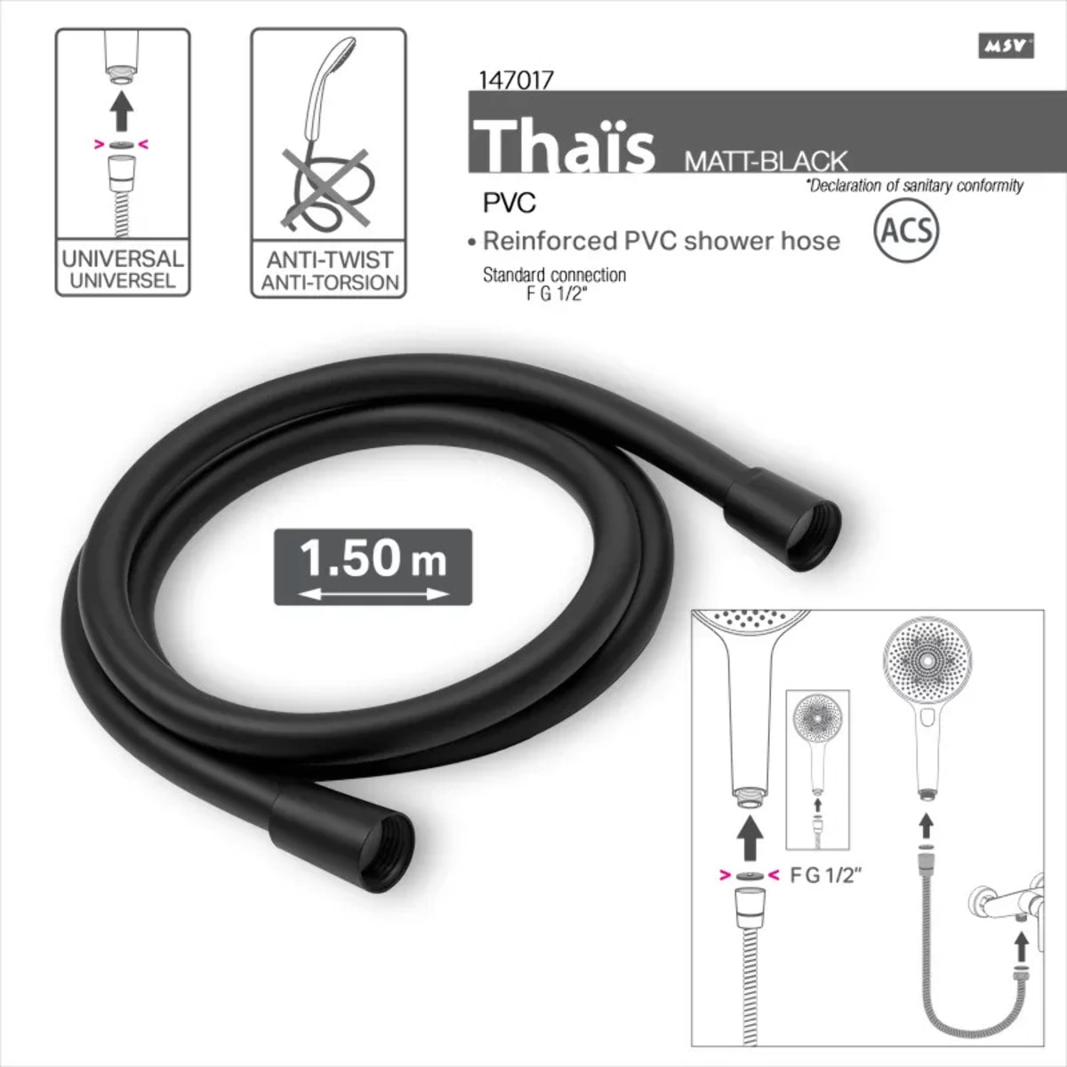 MSV Thaïs – Flexible de douche renforcé PVC 1,50 m Noir matt