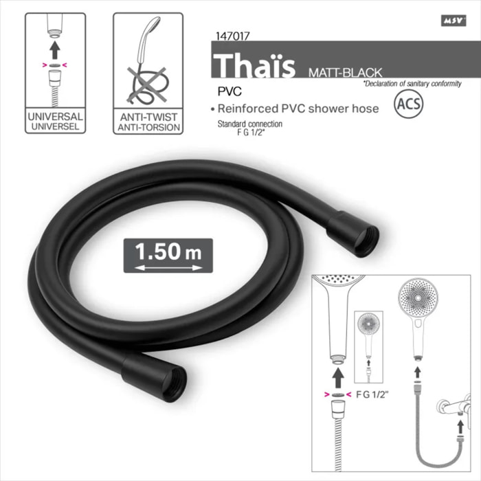 MSV Thaïs – Flexible de douche renforcé PVC 1,50 m Noir matt