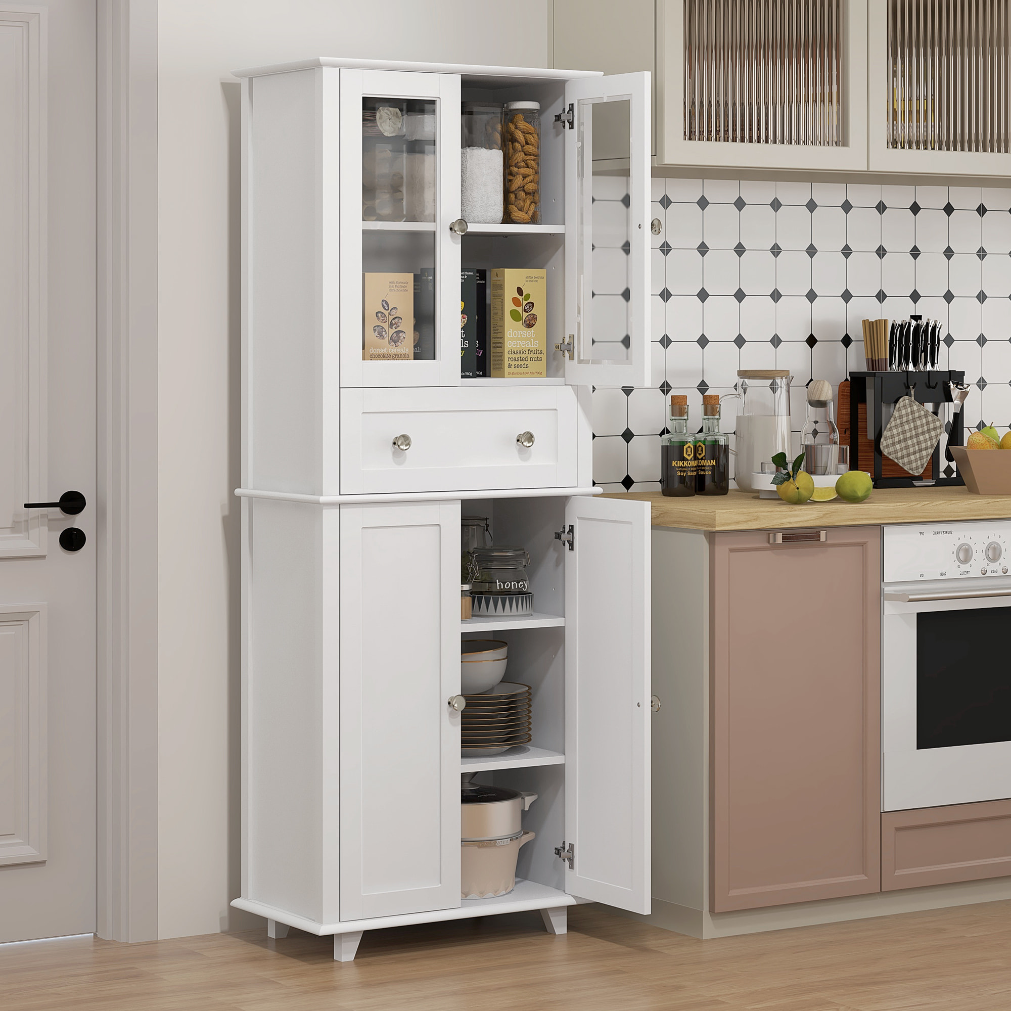 Alacena de Cocina Despensa Armario de Cocina con 2 Puertas de Vidrio Templado Cajón y Estantes Ajustables Aparador para Comedor 61x35x168,5 cm Blanco