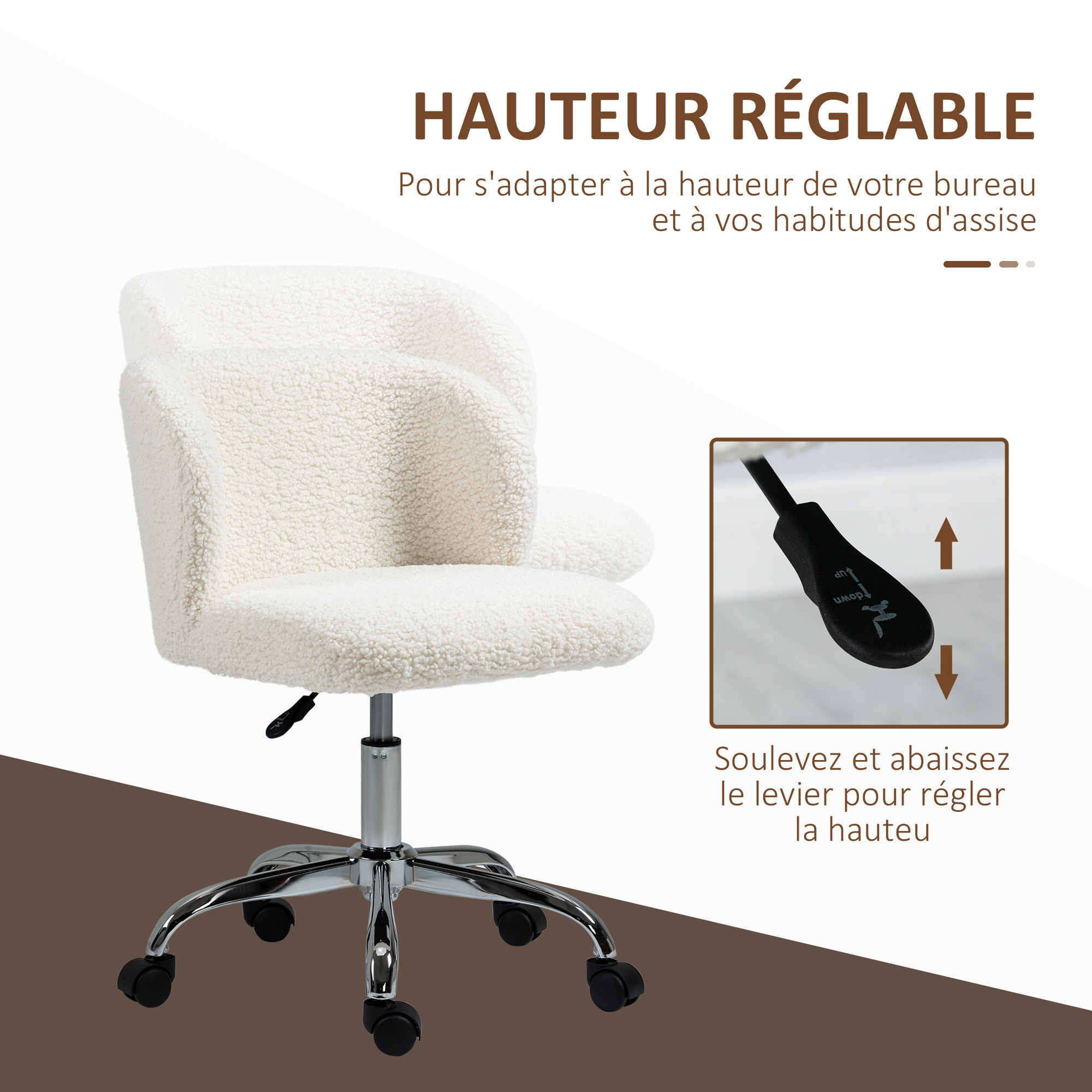 Chaise de bureau design - hauteur réglable, pivotante - piètement acier chromé revêtement effet laine bouclée blanc