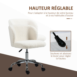 Chaise de bureau design - hauteur réglable, pivotante - piètement acier chromé revêtement effet laine bouclée blanc