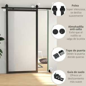 6,6FT/200cm Herrajes para Puerta Corredera con Amortiguador sin Perforación Kit de Accesorios para Puerta Corrediza con 2 Rieles para Granero Negro