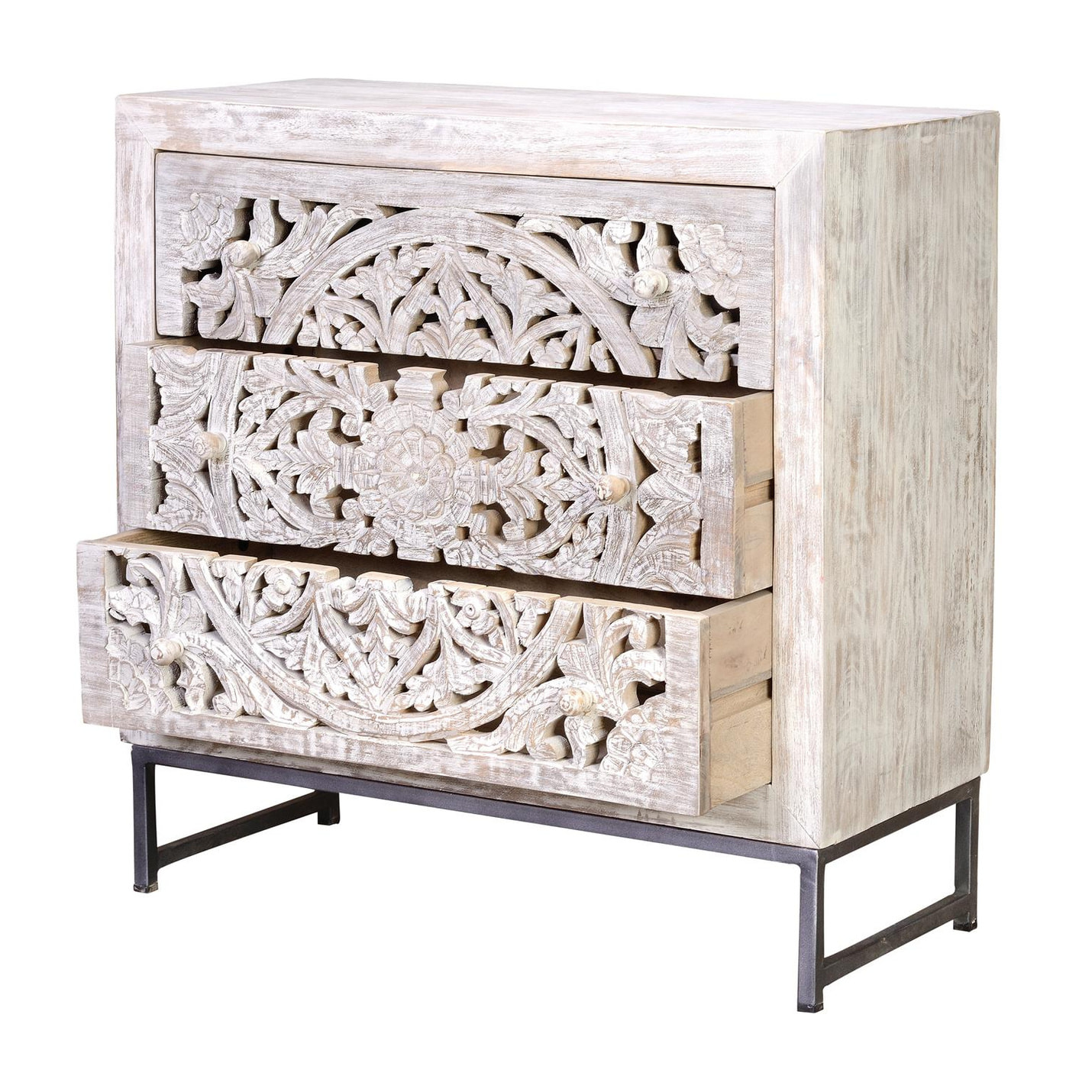 Cómoda de Madera de Mango 80 Cm Estilo Étnico Boho Tallado