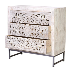 Cómoda de Madera de Mango 80 Cm Estilo Étnico Boho Tallado