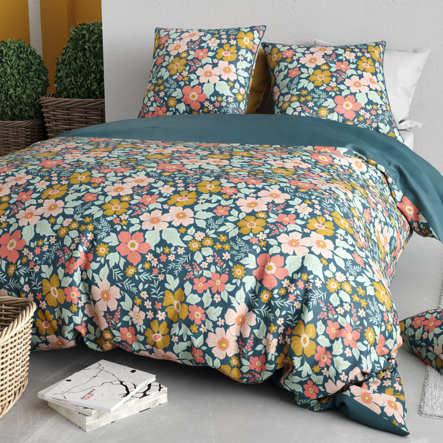 Parure housse de couette imprimé 100% coton - ondine - rose