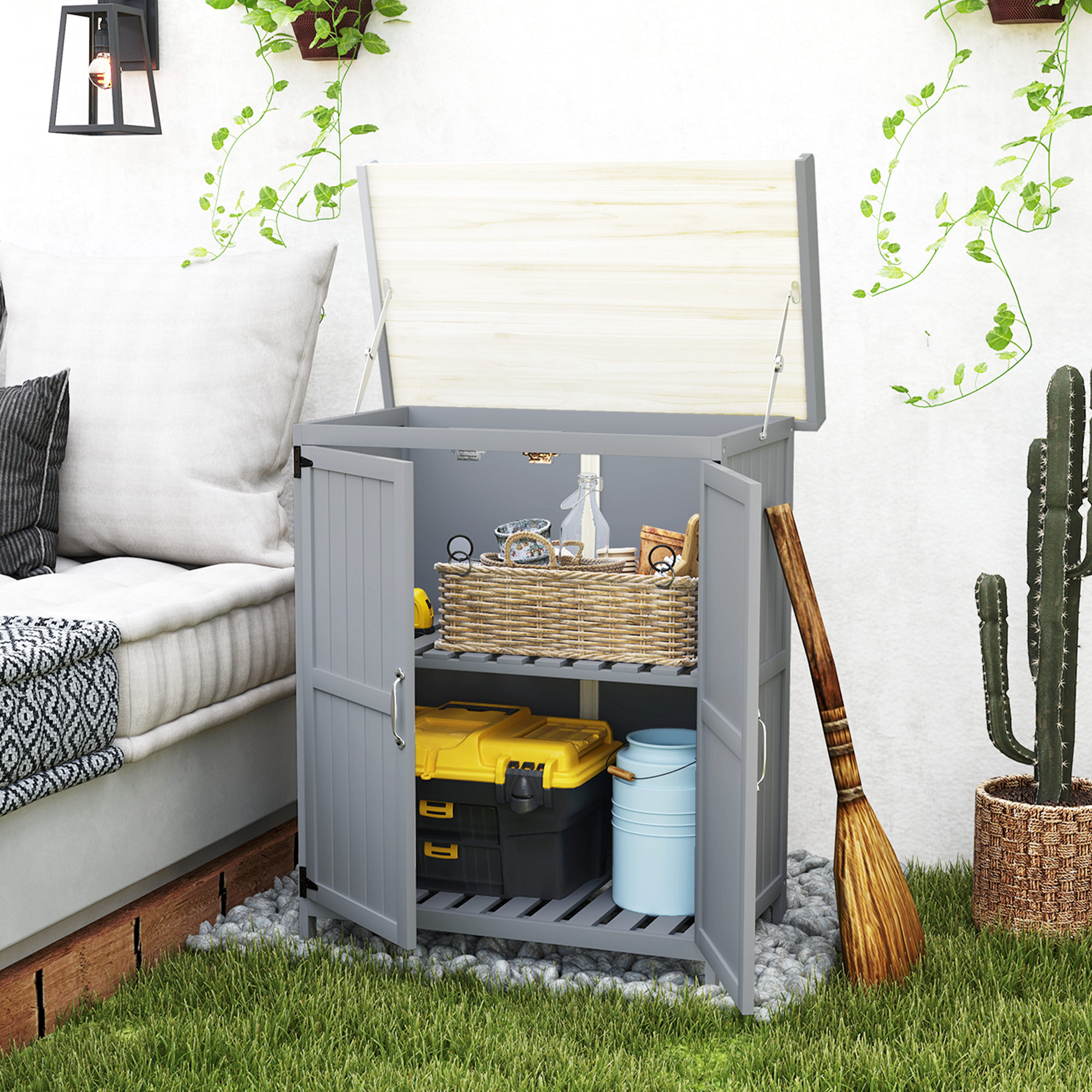 Armoire de jardin sur pied 2 portes étagère toit ouvrant dim. 74 x 43 x 88 cm acier inox bois sapin gris