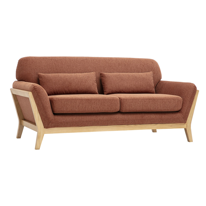 Canapé scandinave 2 places en tissu effet velours texturé terre brûlée et bois clair YOKO